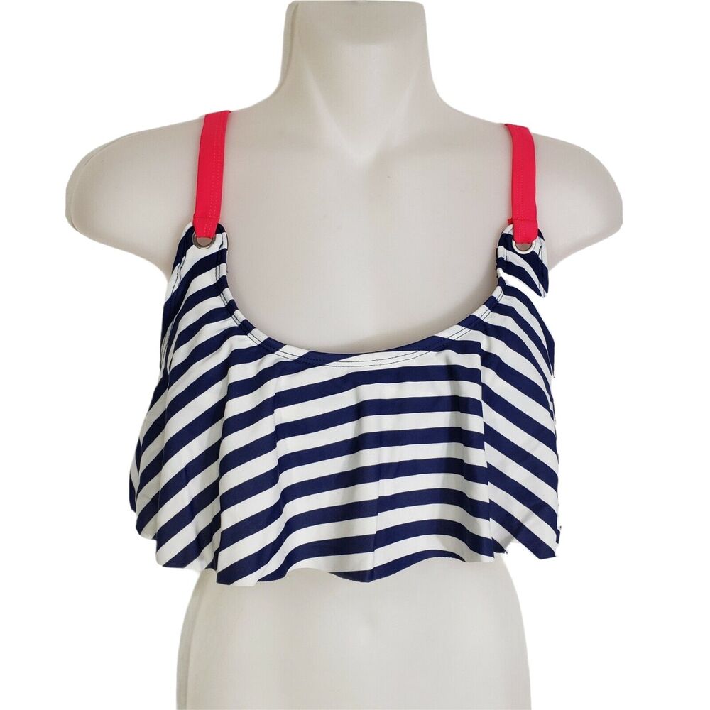 US Polo Assn Womens Swim Top Medium Flounce Bikini Striped Red White Blue